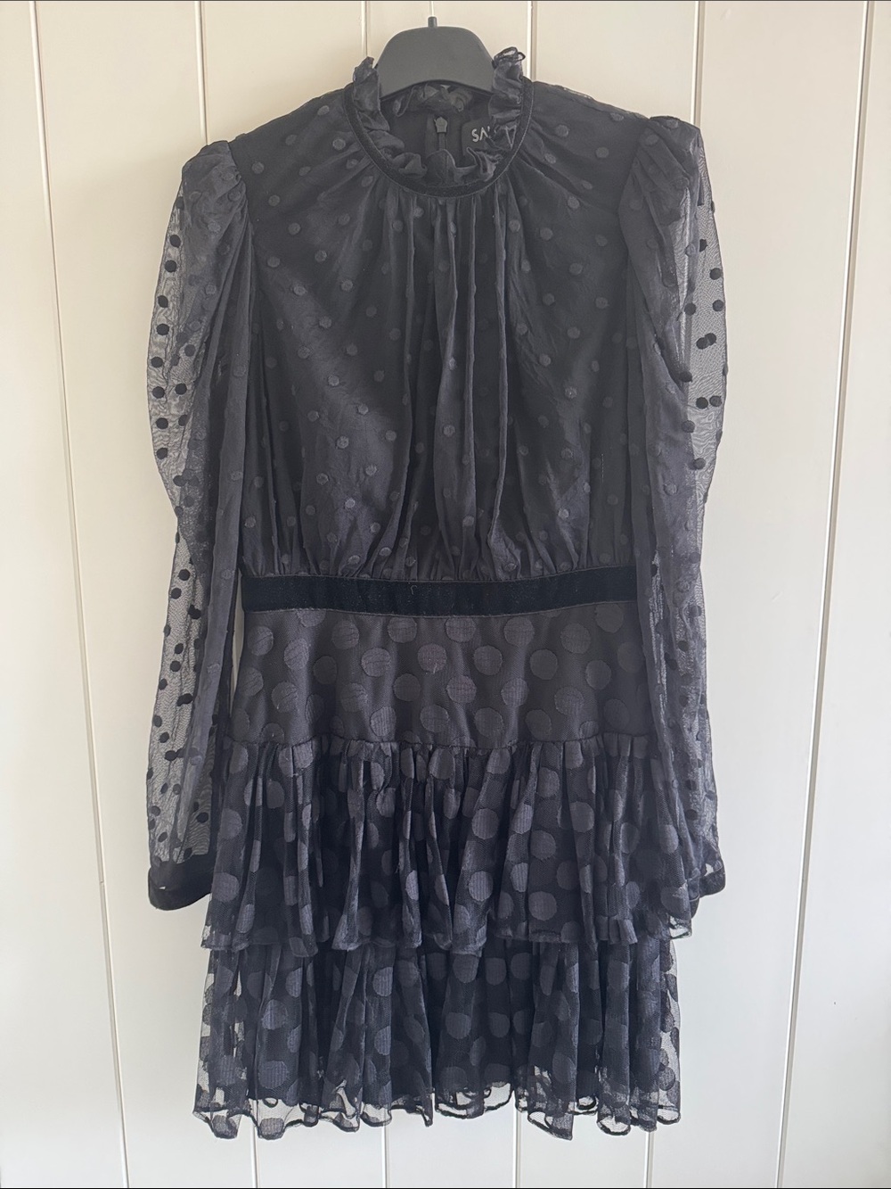 Black Polka Dot Tiered Mesh Dress by Saloni sz 6
